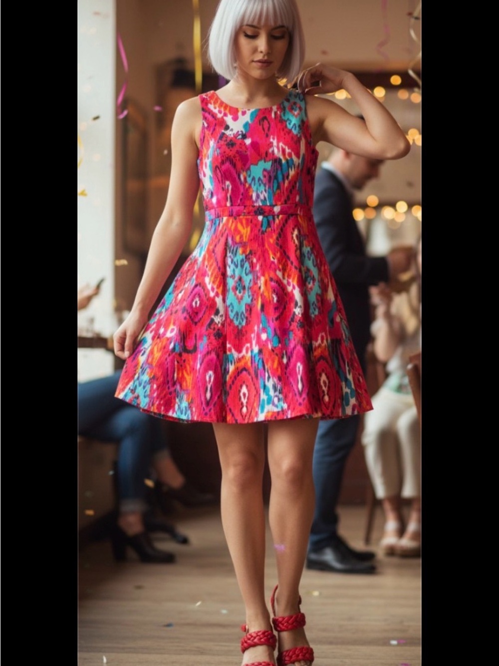 BADGLEY MISCHKA Sleeveless Party Dress. Vibrant Ikat Pattern.Sewn-in Waist Belt